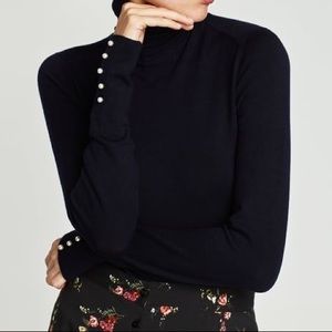 Zara Black Turtle Neck with Pearl Sleeve Detail